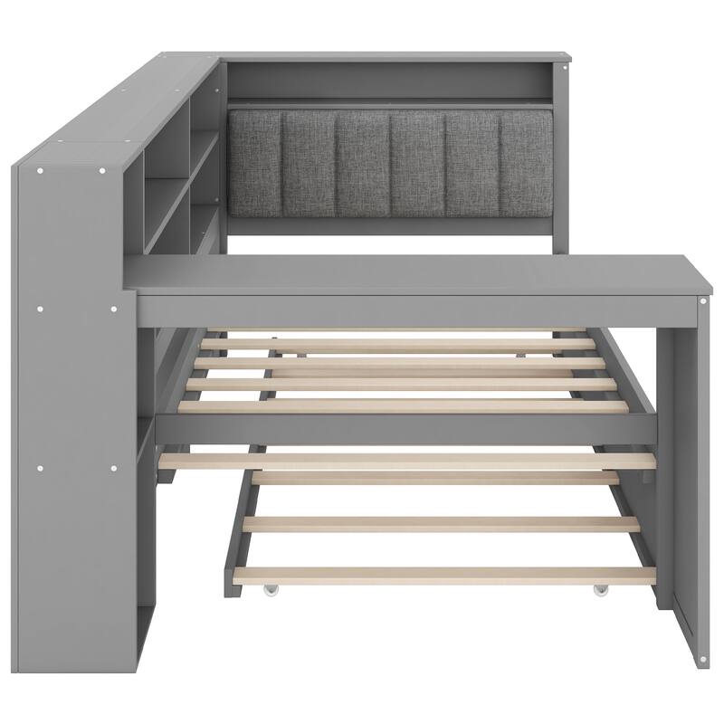 Wood Daybed with Desk, LED Upholstered Headboard, Storage Shelves Built-in Charging Station, Optional Drawers or Trundle