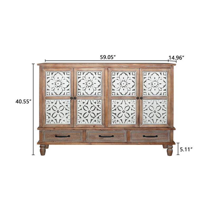 Rustic Accent Storage Cabinet with 3 Drawers & Adjustable Shelves, 4 Doors Sideboard Entryway Cabinet for Living Room Hallway