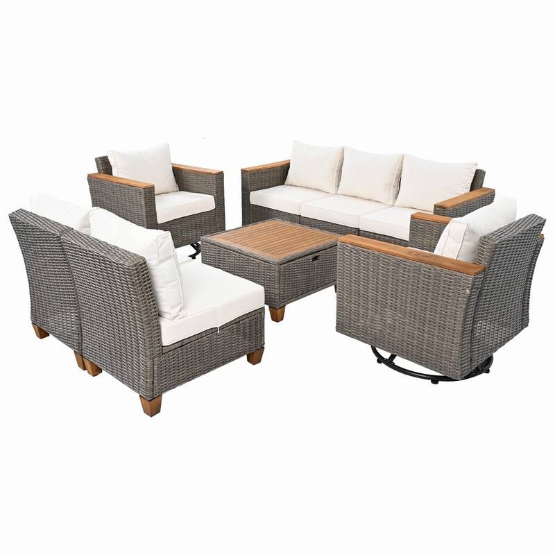 8-Piece Wicker Outdoor Conversation Set with Swivel Rocking Chairs and Acacia Wood Storage Table
