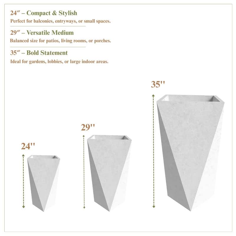 Aloe Fiberstone & MGO Clay Tapered Square Tall Planter Plant Pot, Indoor/Outdoor with Drainage Holes for Yard Porch Decor
