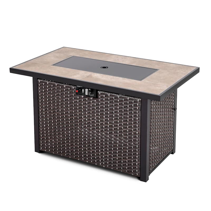 Nuu Garden Outdoor 43-inch 50,000 BTU Propane Gas Fire Pit Table, Ceramic Tabletop and PE Rattan Weaved Iron Frame