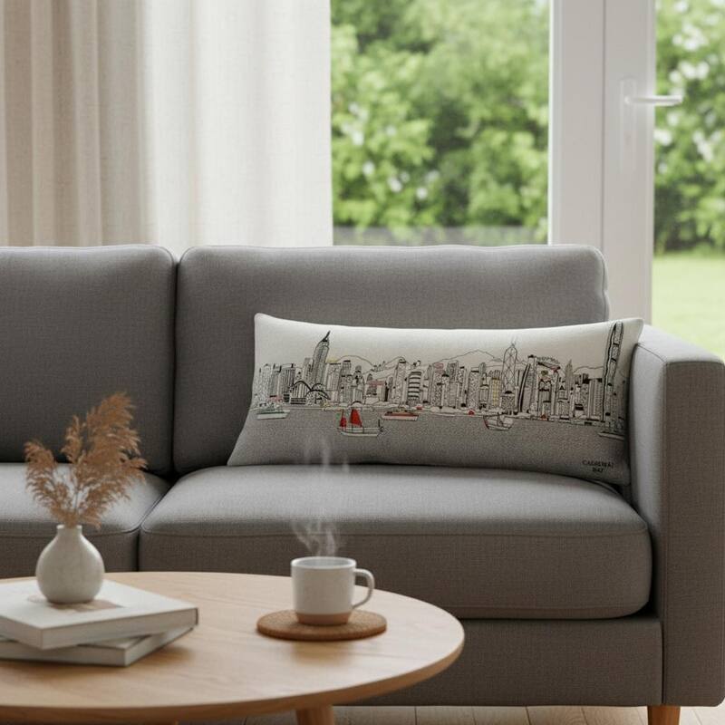 HomeRoots 14" X 35" Cream Hong Kong Daylight Skyline Lumbar Decorative Pillow