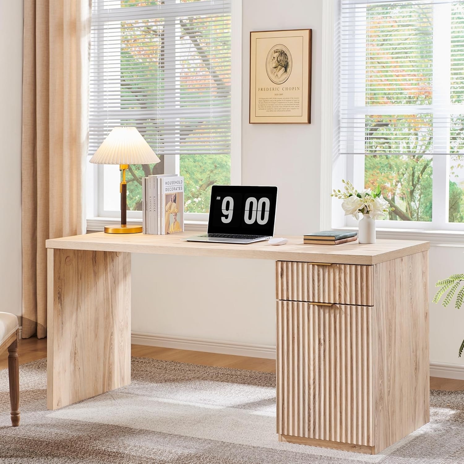 60" Modern Executive Desk, Wood Home Office Desk with Charging Station