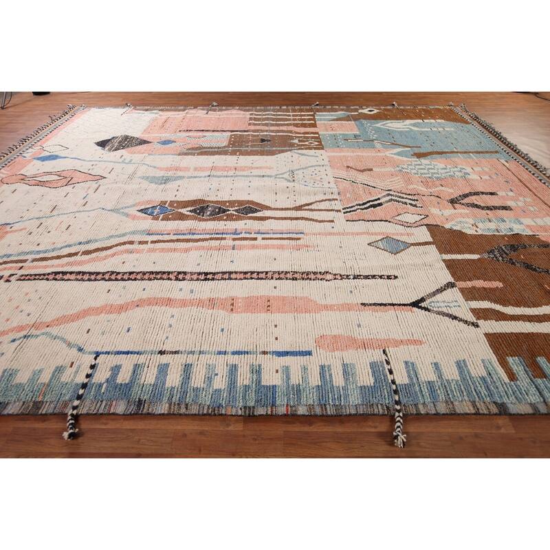 Earth Tone Moroccan Large Modern Area Rug Hand-Knotted Wool Carpet - 11'11" x 15'2"