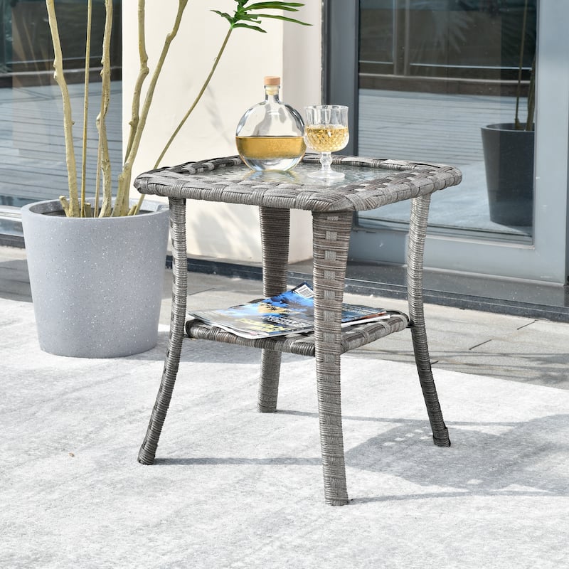 HOOOWOOO Outdoor Patio Rattan Wicker Side Table