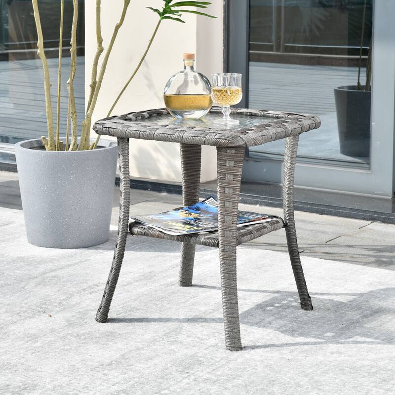 OVIOS Patio Outdoor Wicker Side Table with Glass Top