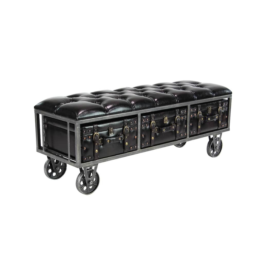 Faux Leather Tufted Upholstered 3 Trunk Room Storage Bench with Industrial Wheels and Gold Accents - Black - Roche River Decor
