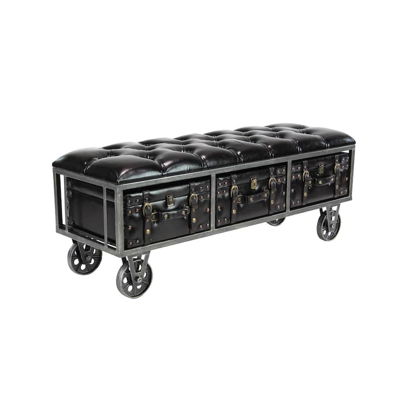 Faux Leather Tufted Upholstered 3 Trunk Room Storage Bench with Industrial Wheels and Gold Accents - Black - Roche River Decor - Black