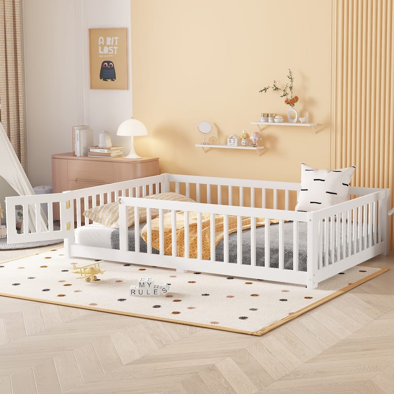 Montessori Toddler Floor Bed with Fence and Switchable Door, Low Profile Bed Frame with Removable Slats, Safe Transition Bed