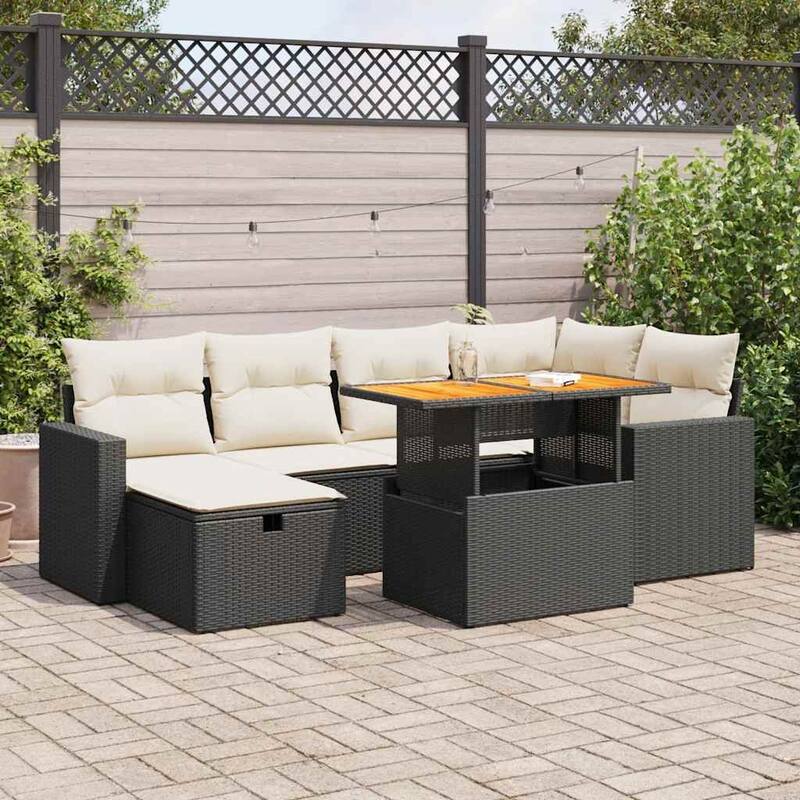 vidaXL Patio Sofa Set with Cushions Outdoor Conversation Furniture Poly Rattan - 21.7 x 39.4 x 28.7 - Black and Cream-with storage