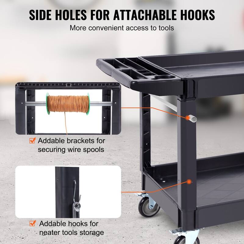 Black Heavy-Duty Plastic Utility Service Cart with 2 Storage Shelf and Lockable Swivel Wheels - 45.67 x 25.59 x33.46 in