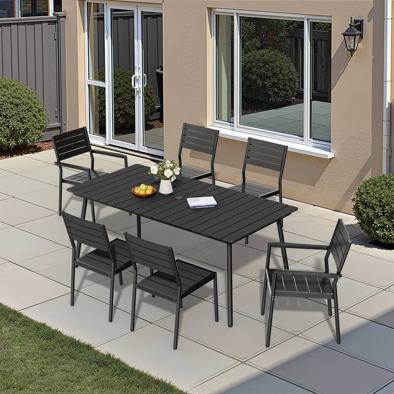 Pellebant 7/9PC Outdoor Rectangle Aluminum Dining Table with Stackable Chairs - 70in-Black-7PC