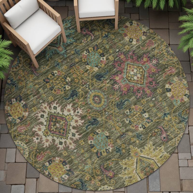 Machine Washable Indoor/Outdoor Boho Traditional Chantille Rug - Olive - 8' x 8'