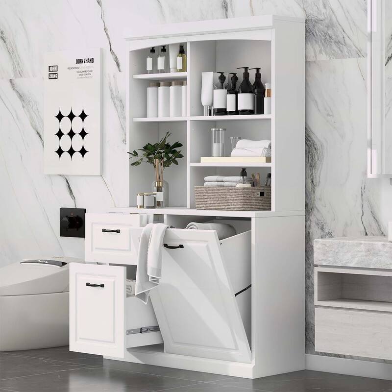 Tall Free Standing Bathroom Storage Cabinet with Tilt-Out Hamper,Drawers & Adjustable Shelves