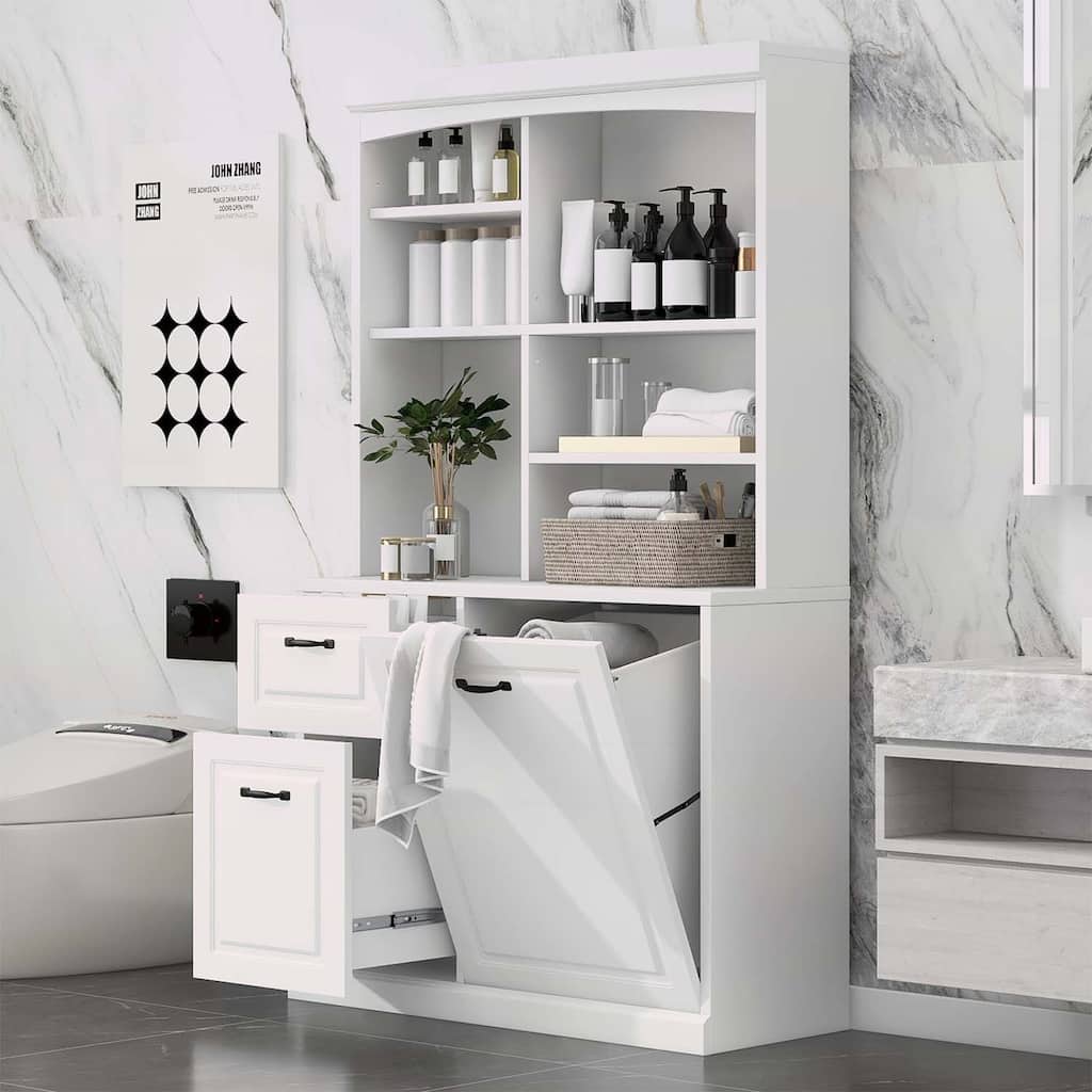Tall Free Standing Bathroom Storage Cabinet with Tilt-Out Hamper,Drawers & Adjustable Shelves