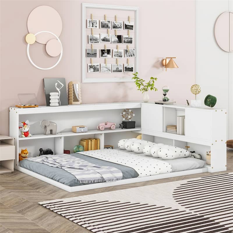 Full Floor Bed with L-shaped Bookcases, Sliding Doors Without Slats - White