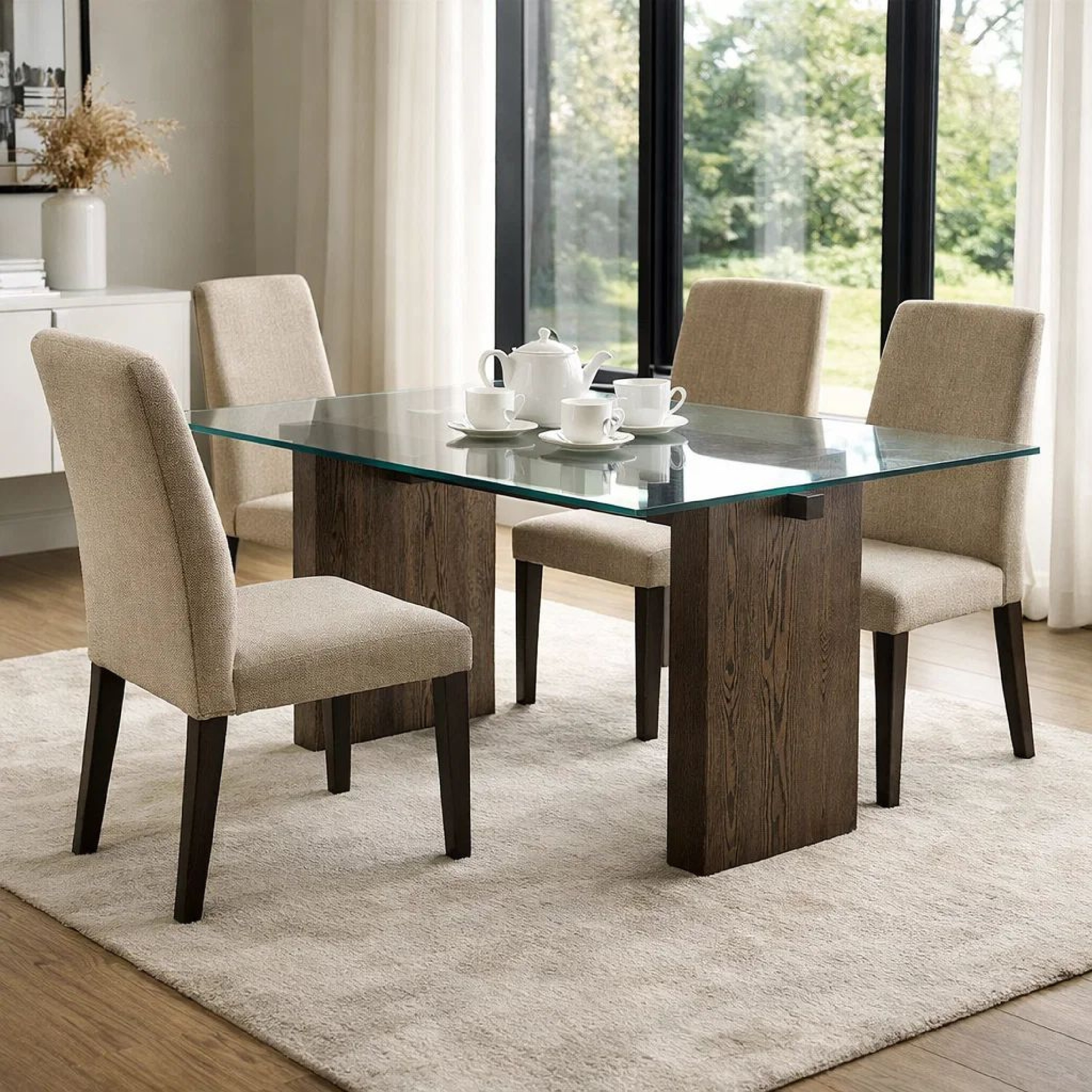 Benjara Lan 80 Inch Dining Table, Glass Top, Wood Double Pedestal, 6 Seater, Brown