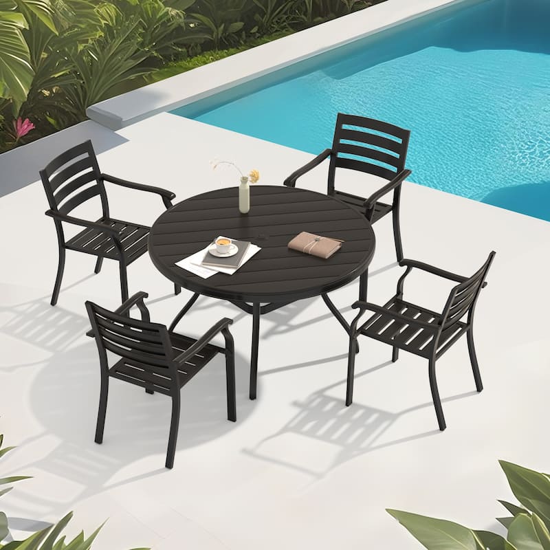5 Pieces Outdoor Patio Dining Set, 4 Stackable Metal Dining Chairs and 40.6" Round Metal Dining Table, Outdoor Table and Chairs - Black