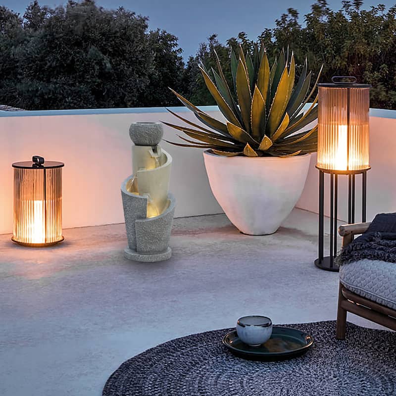 Gray Resin Cascading Spiral Outdoor Fountain with LED Lights