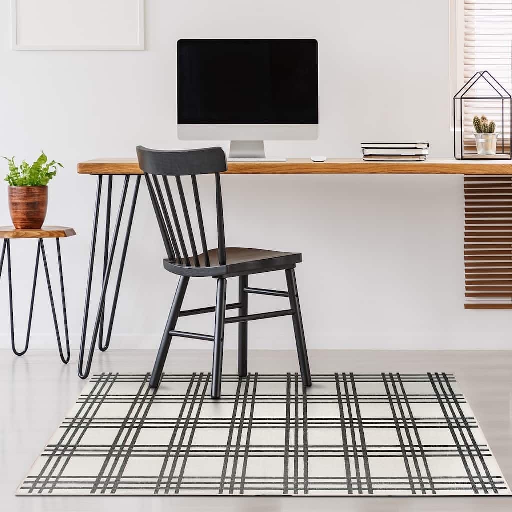 My Magic Carpet Machine Washable Area Rug Plaid Black And Cream