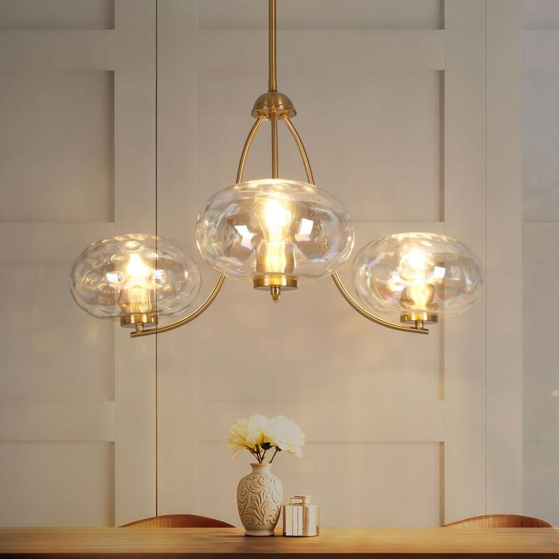 Mid-century Modern Gold 3-Light Chandelier with Textured Colored Art Glass Shade for Dining Room Bedroom - D 31" x H 14"