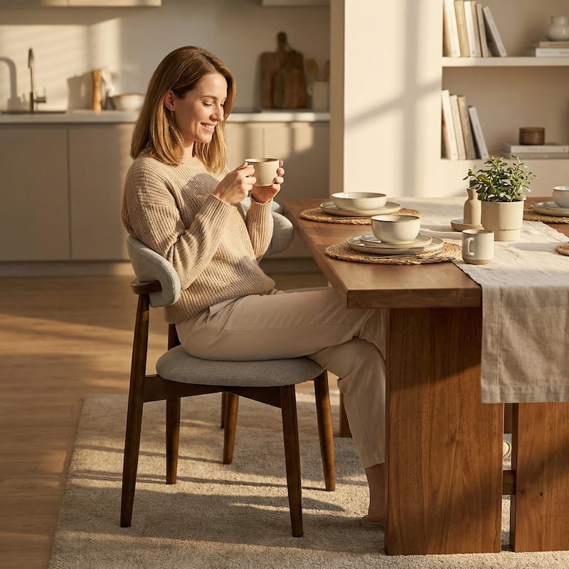 Wooden Dining Chairs Set of 2, Modern Fabric Upholstered Dining Room Chair with Curved Back, with Adjustable Foot Pads