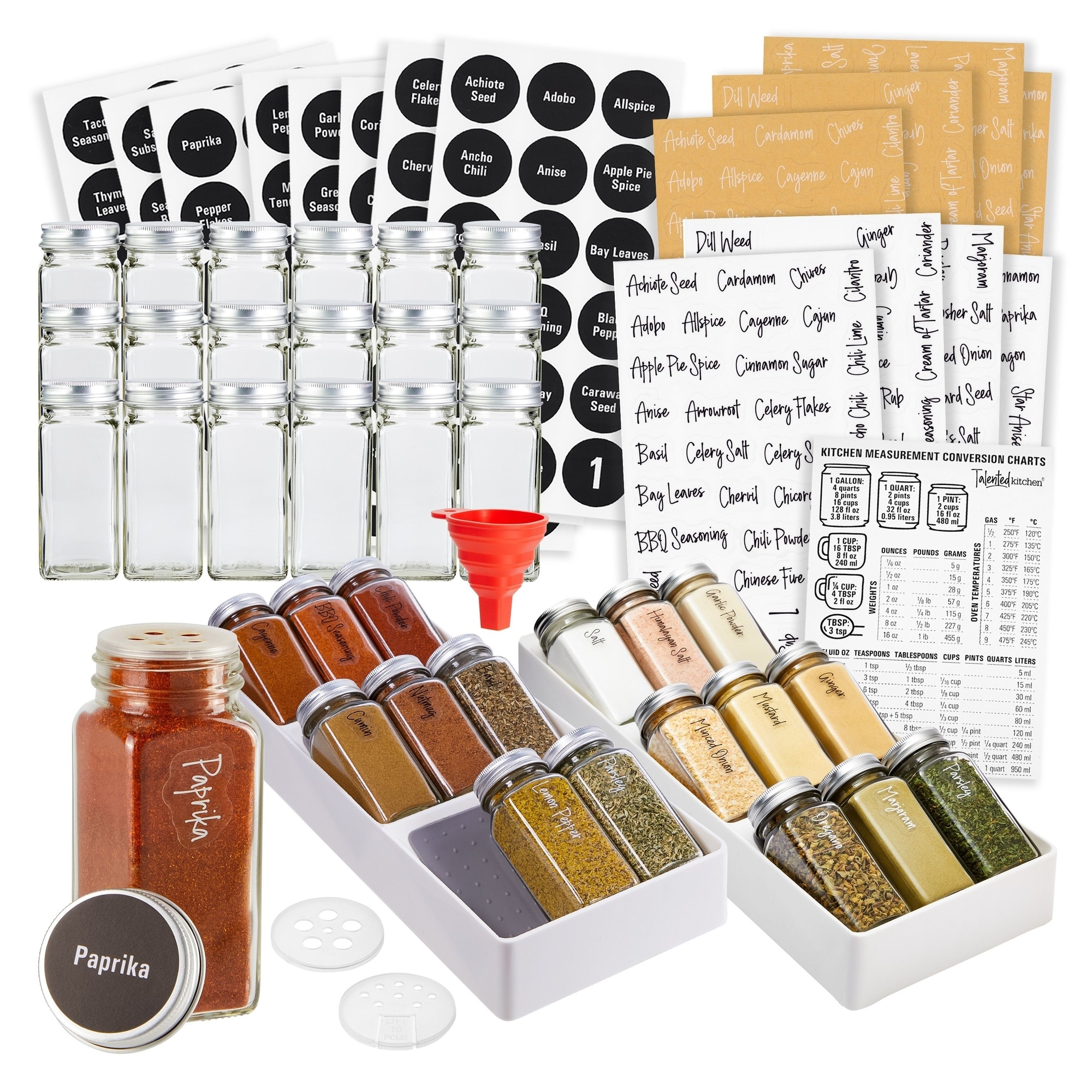 Talented Kitchen Spice Drawer Organizer with Jars and Labels with 18 Empty 4-oz Bottles, 416 Seasoning Labels, 2 Pcs 3-Tier Drawer Trays, 5.9 x 15 in