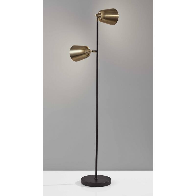 Black Metal Two Light Task Floor Lamp with Antiqued Brass Cone Shades Push Switch - 15” x 16” x 57.5” (D x W x H0