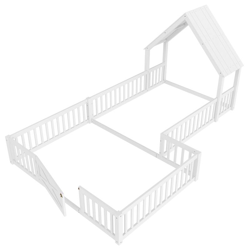 Roomfitters Double House Floor Bed with Door, Solid Wood Frame with Fence Guardrails for Playroom