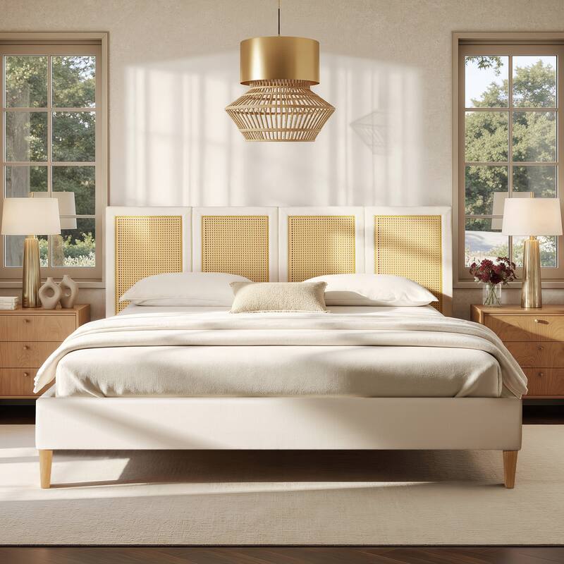 Jennifer Taylor Home Toscana Upholstered Cane Back Platform Bed, Antique White Polyester - King