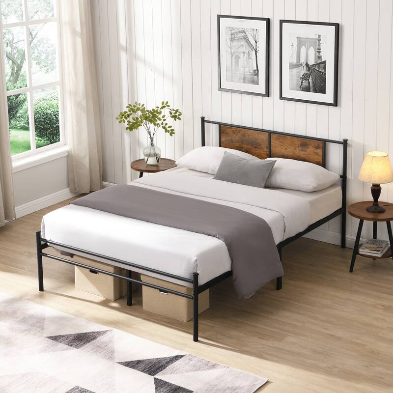 Metal Platform Bed with Wood Headboard, Detachable Steel Slats