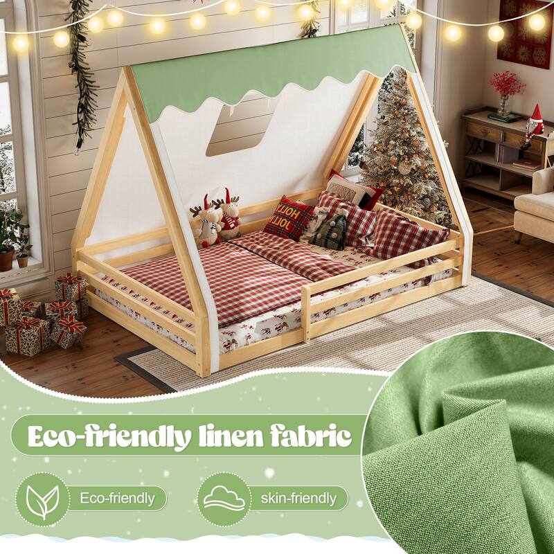 Full Size House Floor Bed with Tent and Light, Solid Wood Teepee Floor Bed with Full-length Guardrails