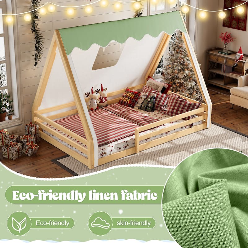 Full/Twin House Floor Bed with Tent, LED Light & Guardrails