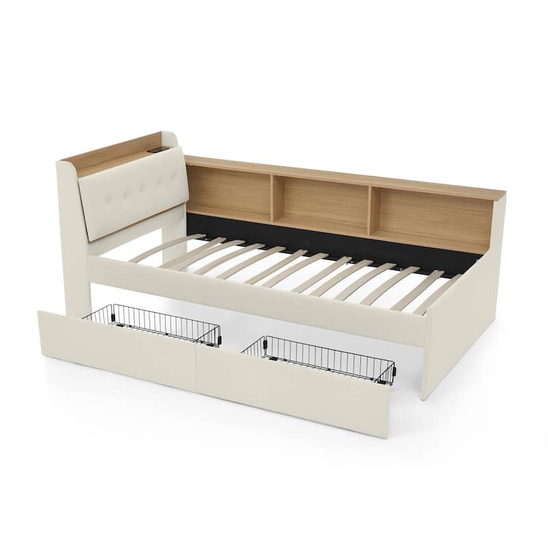 Roomfitters Twin Daybed with Storage Headboard, Wireless Charging, Drawers & Lighting, Velvet Upholstery