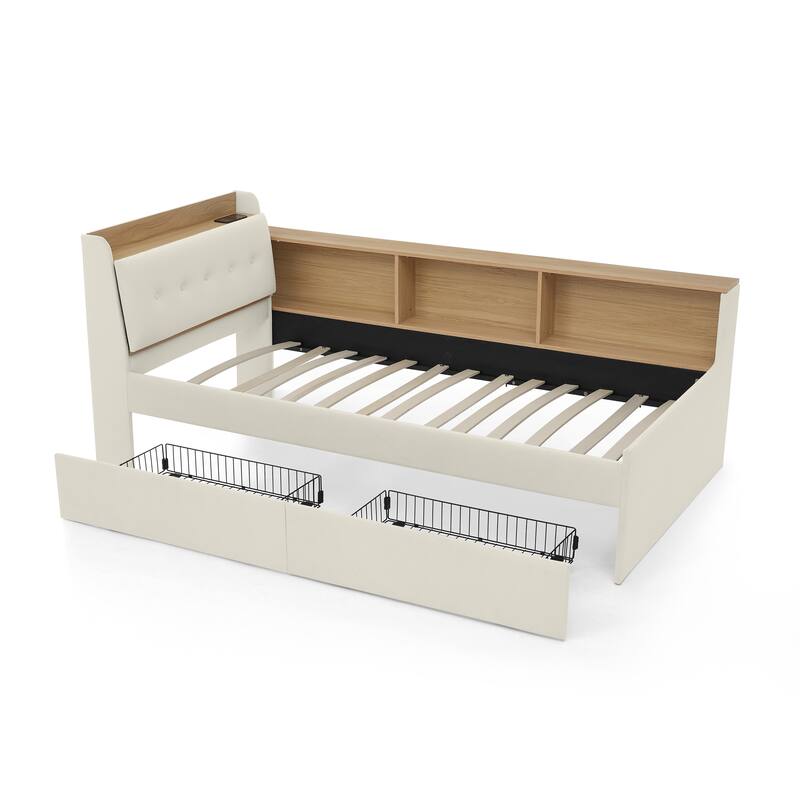 Twin Size Velvet Daybed with Storage, LED Lights, and Wireless Charging, Beige