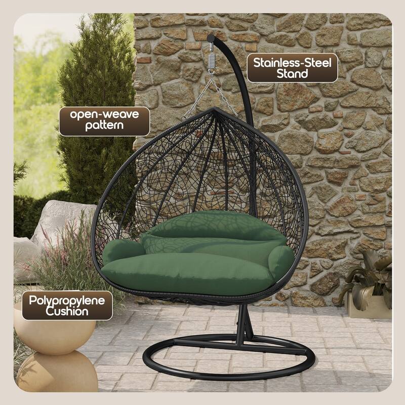 2-Person Outdoor Hanging Egg Chair with Teardrop Frame, Weather-Resistant Cotton Cushioned Seat for Patio and Indoor Use