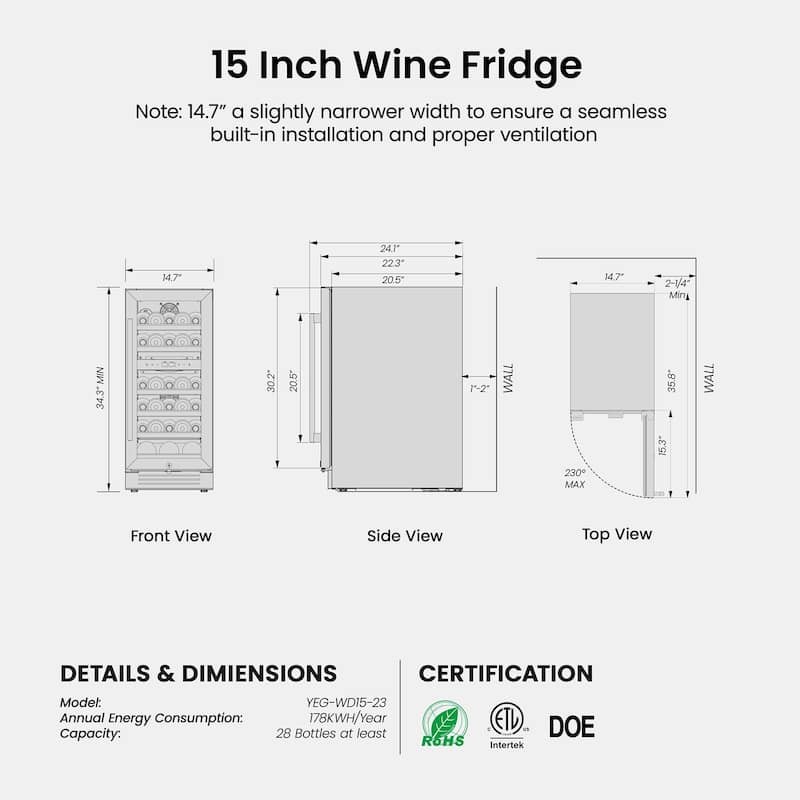 15 Inch Wine/Beverage Refrigerator Cooler 28 Bottles TWO Zones Built-in/Freestanding Wine Rack