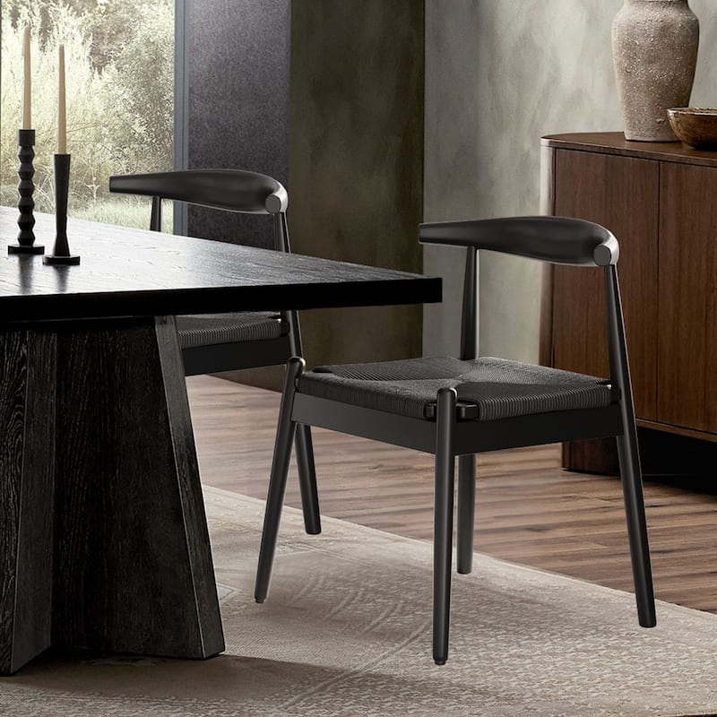 Weave Dining Chairs Set of 2, Mid-Century Modern Kitchen Chair with Solid Oak Frame & Handwoven Seat for Living Dining Room