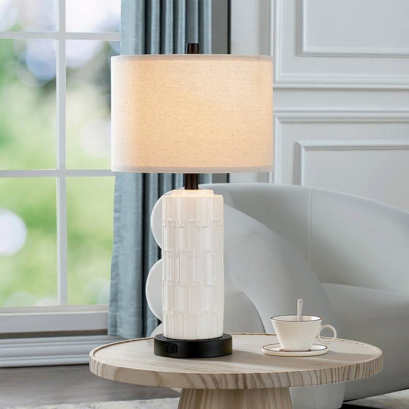 KAWOTI 23" Ceramics Table Lamp Set with USB Port and AC Outlet, Bulbs - W12" * H23.25"