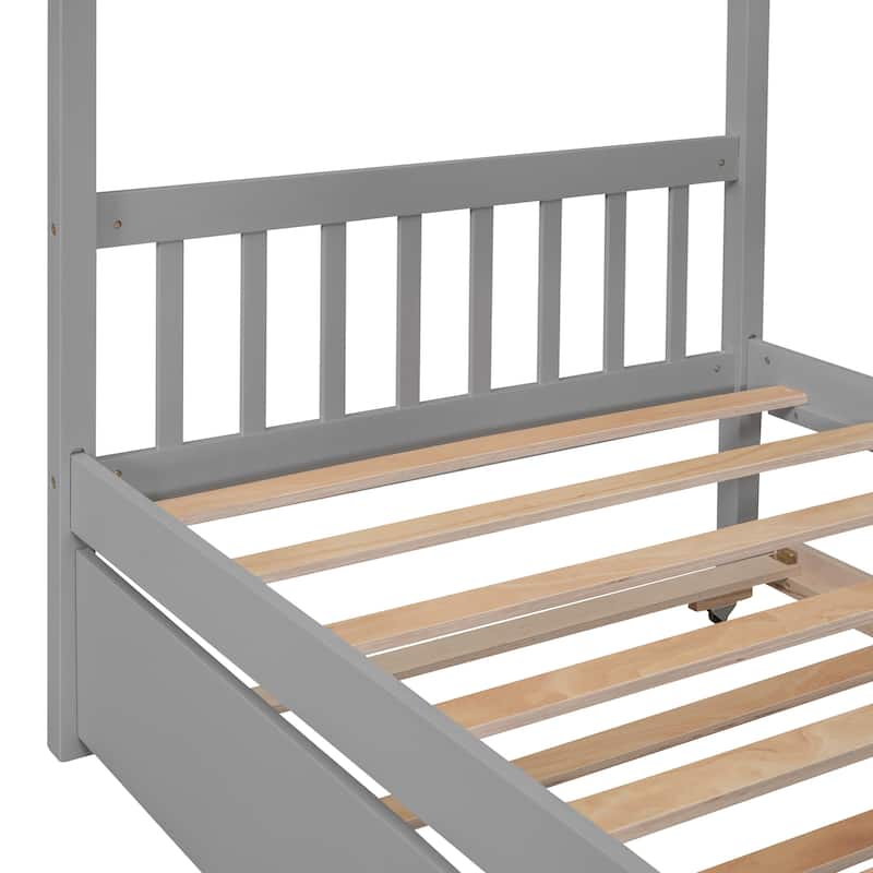 Wooden House Bed with Twin Size Trundle