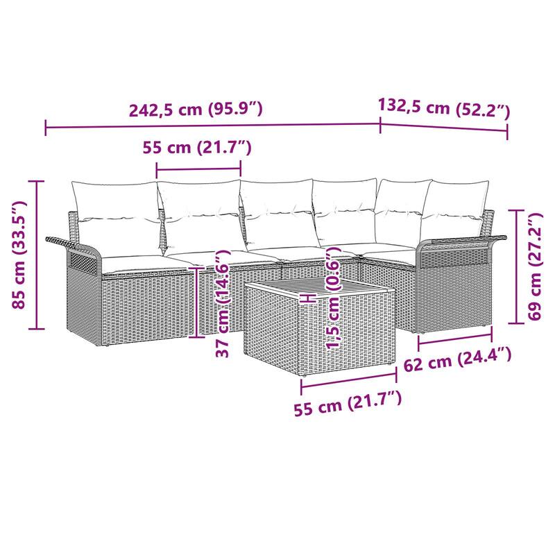 vidaXL 6 Piece Garden Sofa Set with Cushions - 95.9×52.2×27.2