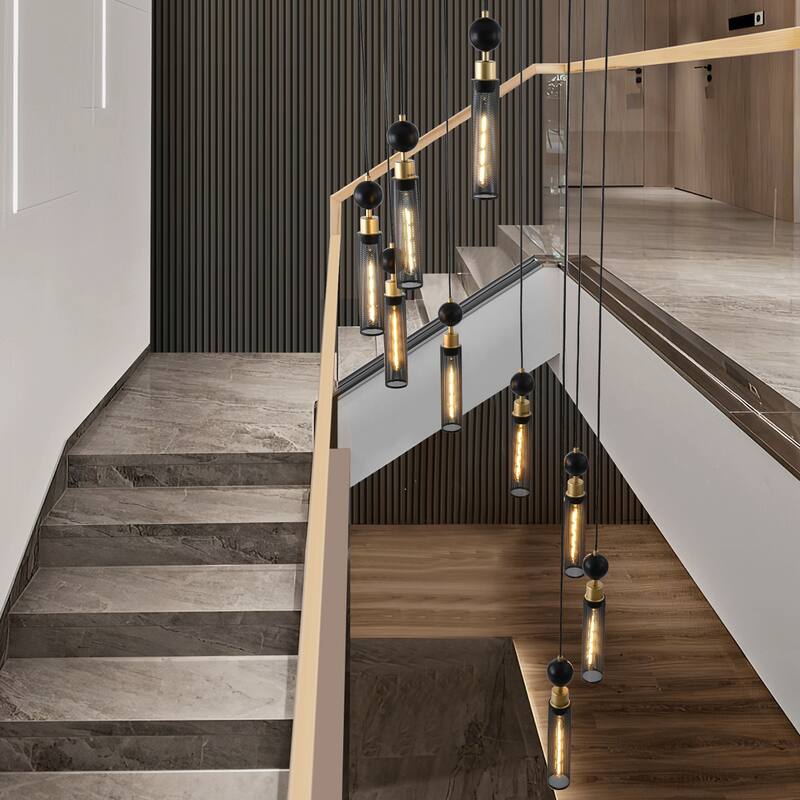 Industrial-Style 9-Light Chandelier Ceiling Light with Mesh Cylinder Shades, for Living Rooms, Dining Rooms and Staircases