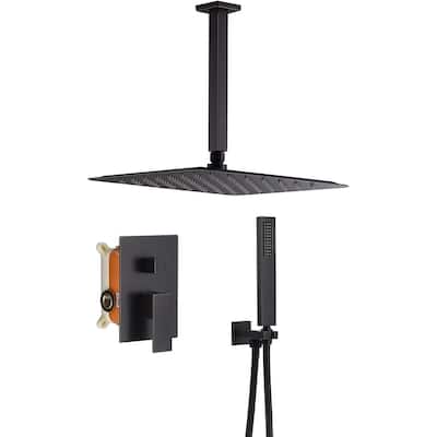 oil rubbered bronze ceiling mount 12 inch rain head 2 way shower faucet with handle sprayer - 7'6" x 10'9"