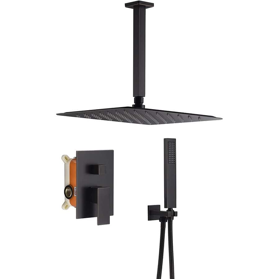 oil rubbered bronze ceiling mount 12 inch rain head 2 way shower faucet with handle sprayer - 7'6" x 10'9"
