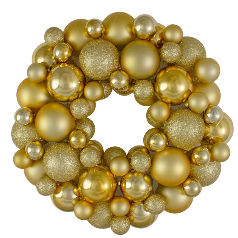 Vegas Gold 3-Finish Shatterproof Ball Christmas Wreath 13-Inch, Unlit