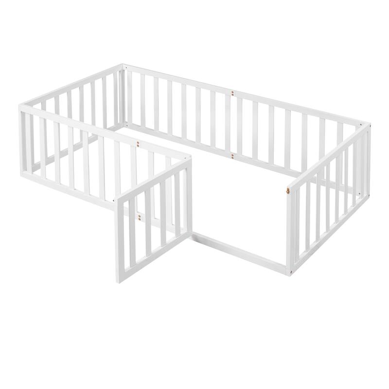 Twin Size Wood Floor Bed Frame with Fence and Door,Natural