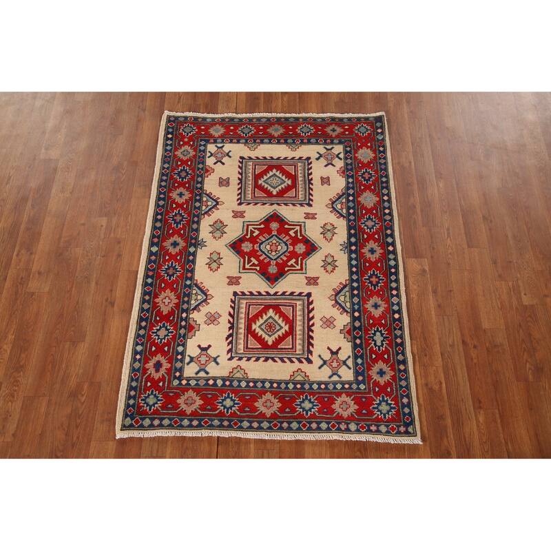 Ivory Kazak Oriental Accent Rug Hand-Knotted Foyer Wool Carpet - 3'4"x 4'9"