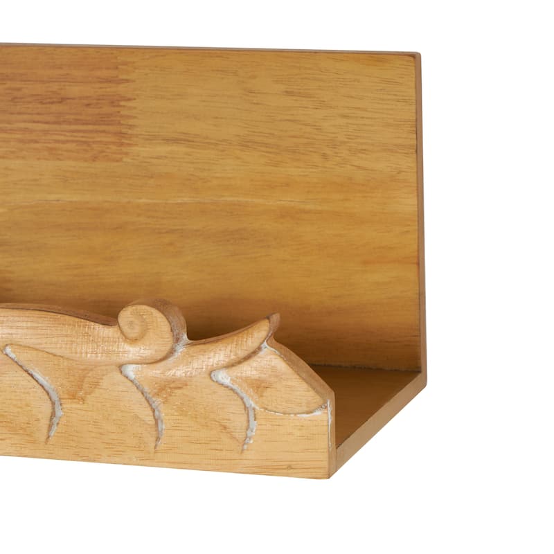 Wooden Floral Wall Shelf with Carved Scroll Lip - Light Brown - Roche River Decor