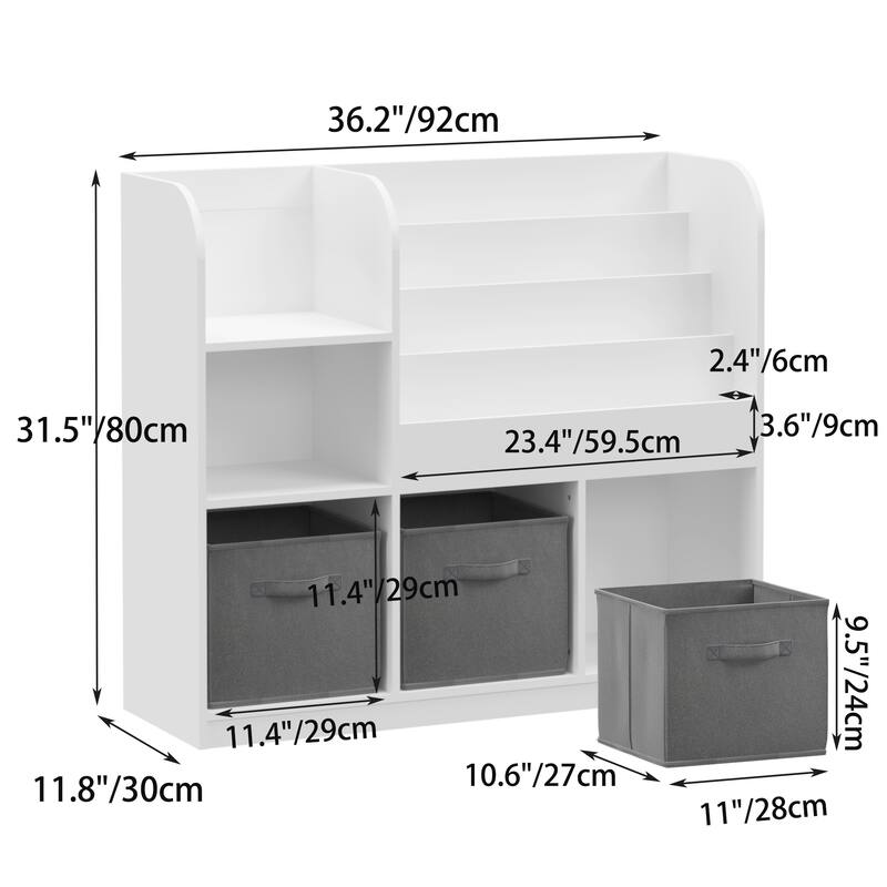 Kids Bookcase and Bookshelf, Multifunctional Bookcase with 3 Collapsible Fabric Drawers, Toy Storage Organizer