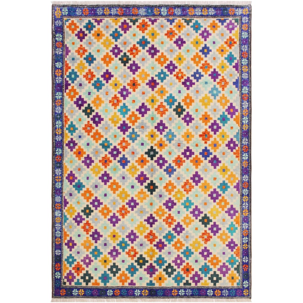 Eclectic Balochi Bernal Beige/Blue Hand Knotted Wool Rug - 5'10'' x 7'10''